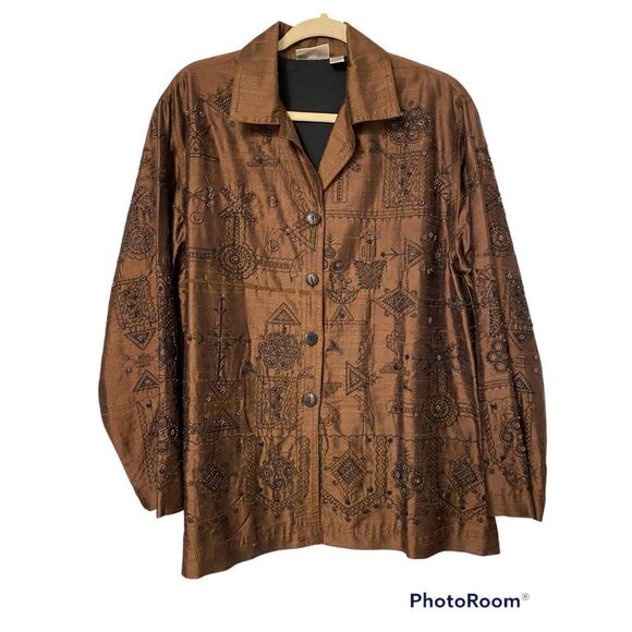Chico’s 100% Silk Embroidered/Beaded Blouse Sz. S Asian Abstract Desg. Boxy - Picture 1 of 7